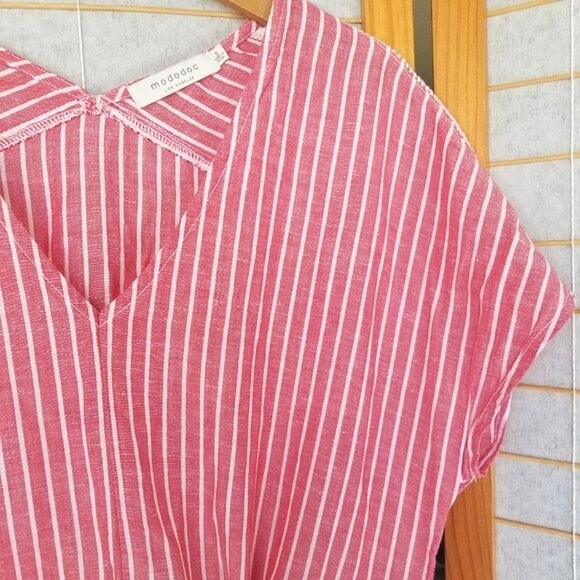 Mododoc Striped Dress Size Small Red Stripe Oversized Fit Linen Blend Adj Waist - Picture 2 of 9